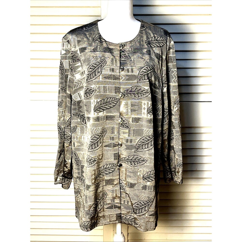 John Roberts Womens Petite L Sage Green Jacquard Leaf Button Tunic Lagenlook Art